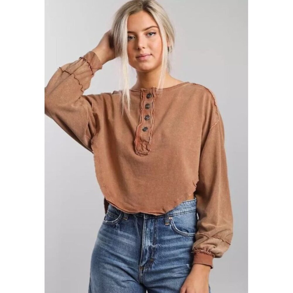 Free People Melodi Henley Long Sleeve Shirt Size Medium Oversized